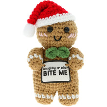 Load image into Gallery viewer, Gingerbread Crocheted Mini – Naughty or Nice? Bite Me! Holiday Figure