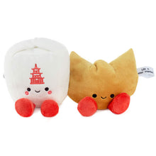 Load image into Gallery viewer, Two plush toys designed to look like a takeout box and a fortune cookie, with the takeout box being white and the fortune cookie being brown. Both have embroidered details and red accents on their feet.