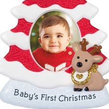 Load image into Gallery viewer, Baby's First Christmas Red and White Tree 2025 Photo Frame Ornament