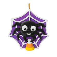 Load image into Gallery viewer, Halloween ornament with a spider on a purple web
