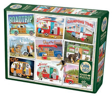 Load image into Gallery viewer, Puzzle box for 'Hitting the Road' 1000 piece puzzle by Cobble Hill, featuring various illustrated scenes of road trips and camping.